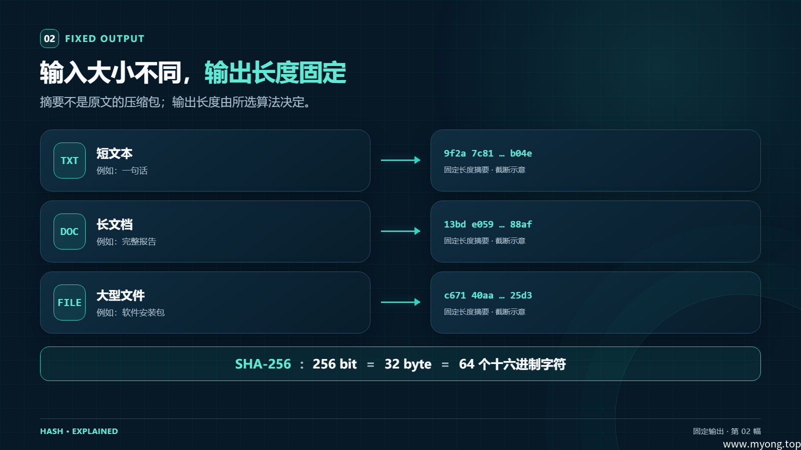 任意工程消息映射为固定长度 SHA-256 摘要